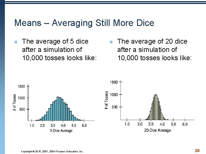 Means – Averaging Still More Dice n The average of 5 dice after a