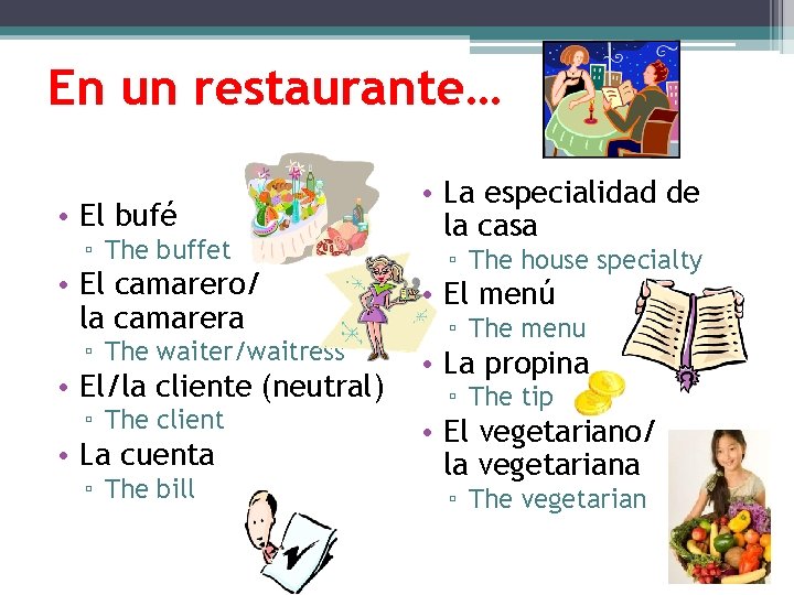 En un restaurante… • El bufé ▫ The buffet • El camarero/ la camarera