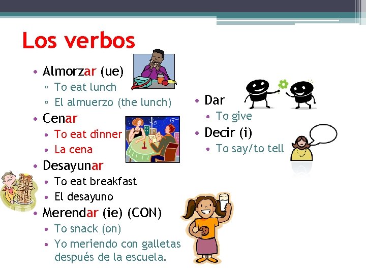 Los verbos • Almorzar (ue) ▫ To eat lunch ▫ El almuerzo (the lunch)