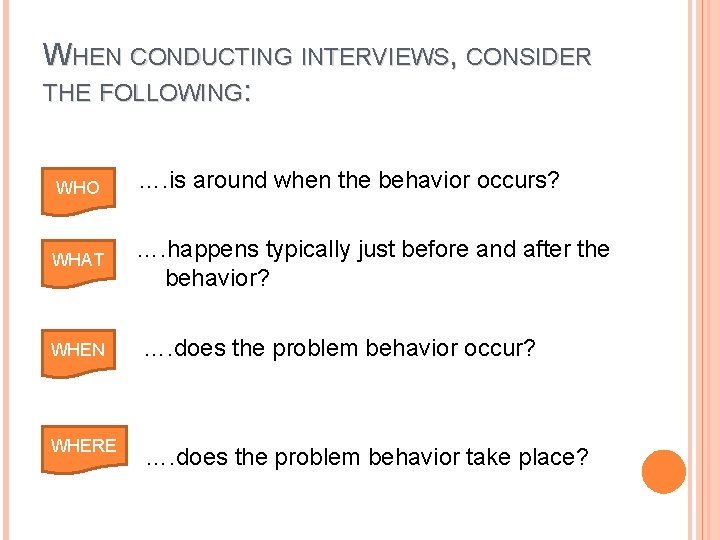 WHEN CONDUCTING INTERVIEWS, CONSIDER THE FOLLOWING: WHO WHAT b …. is around when the