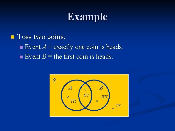 Example n Toss two coins. Event A = exactly one coin is heads. n