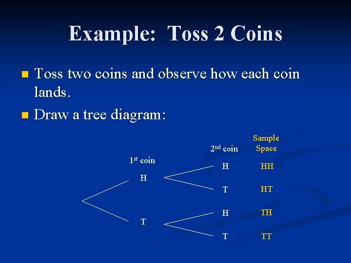 Example: Toss 2 Coins Toss two coins and observe how each coin lands. n