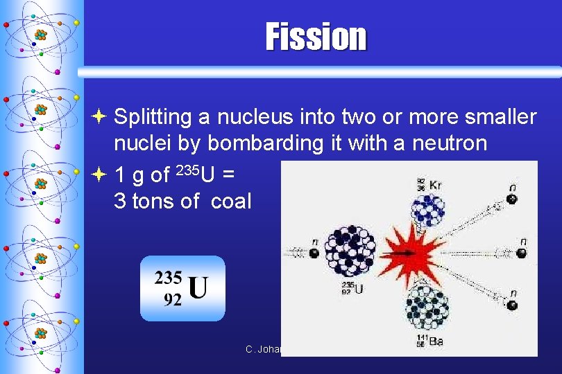 Fission ª Splitting a nucleus into two or more smaller nuclei by bombarding it