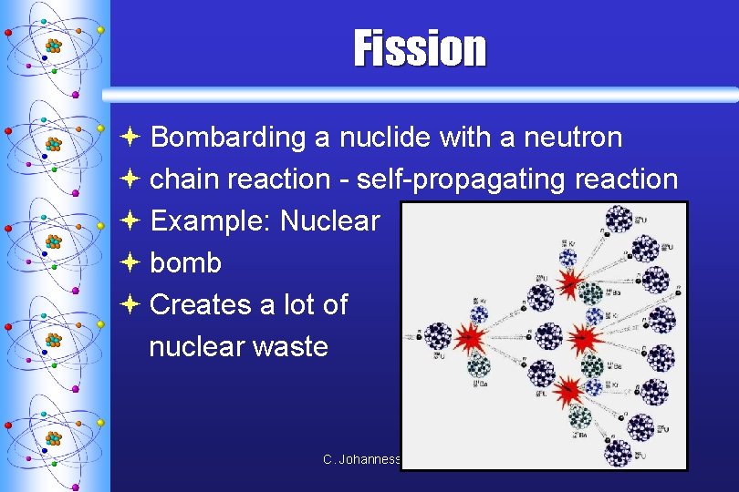 Fission ª Bombarding a nuclide with a neutron ª chain reaction - self-propagating reaction
