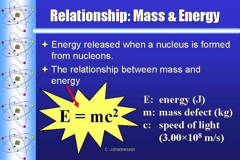 Relationship: Mass & Energy ª Energy released when a nucleus is formed from nucleons.