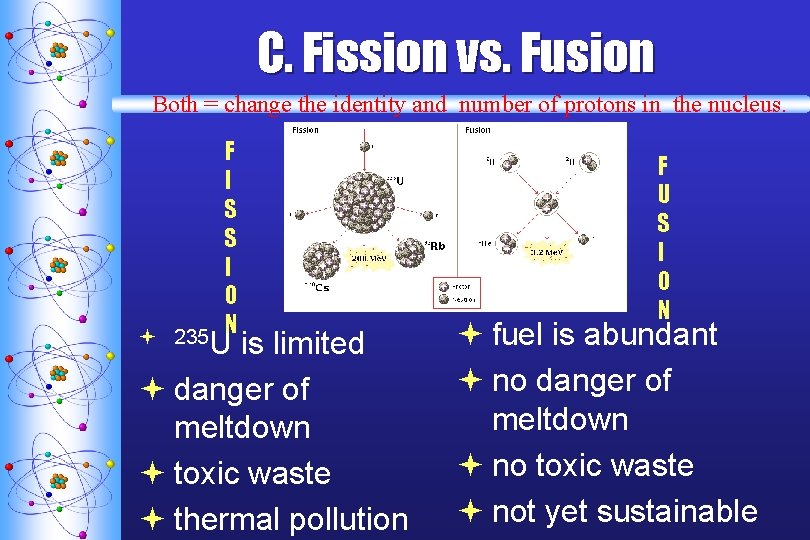 C. Fission vs. Fusion Both = change the identity and number of protons in