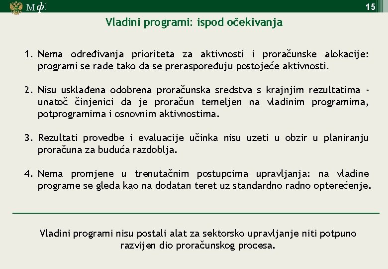 М ф] 15 Vladini programi: ispod očekivanja 1. Nema određivanja prioriteta za aktivnosti i
