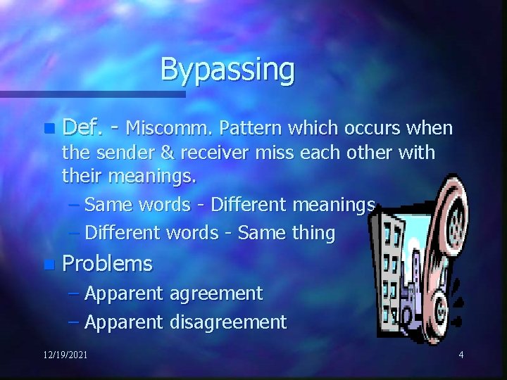 Bypassing n Def. - Miscomm. Pattern which occurs when the sender & receiver miss