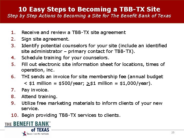 10 Easy Steps to Becoming a TBB-TX Site Step by Step Actions to Becoming