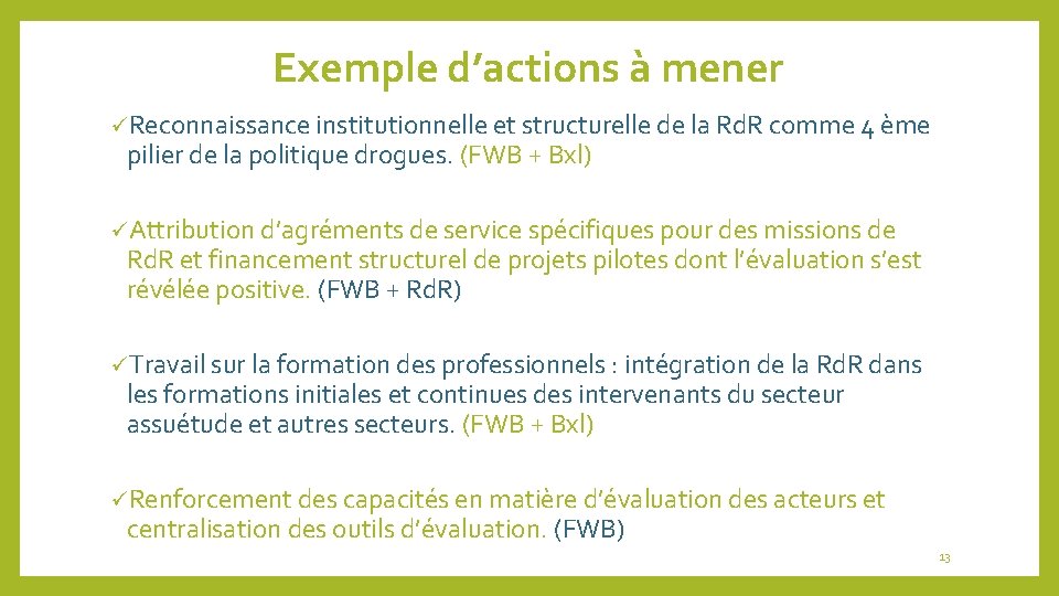 Exemple d’actions à mener üReconnaissance institutionnelle et structurelle de la Rd. R comme 4