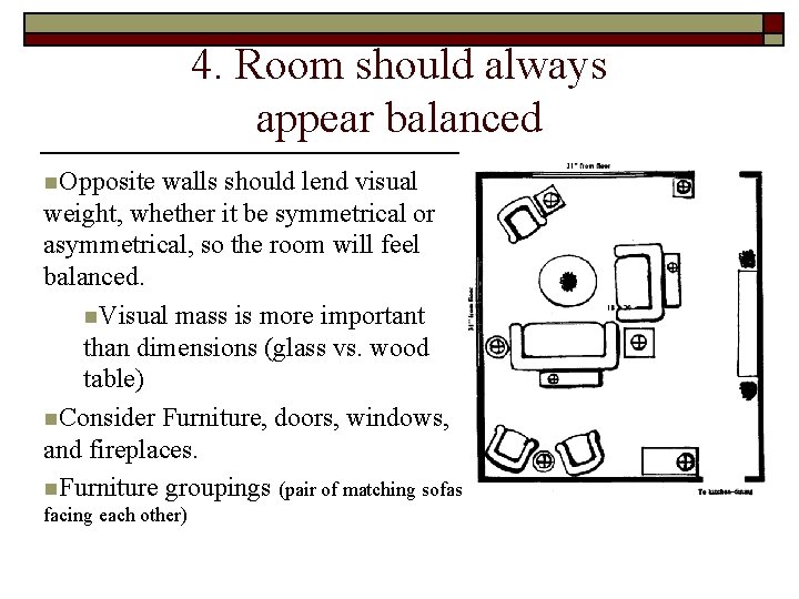 4. Room should always appear balanced n. Opposite walls should lend visual weight, whether