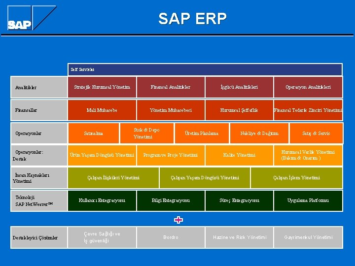 SAP ERP Self Servisler Analitikler Stratejik Kurumsal Yönetim Finansal Analitikler İşgücü Analitikleri Operasyon Analitikleri