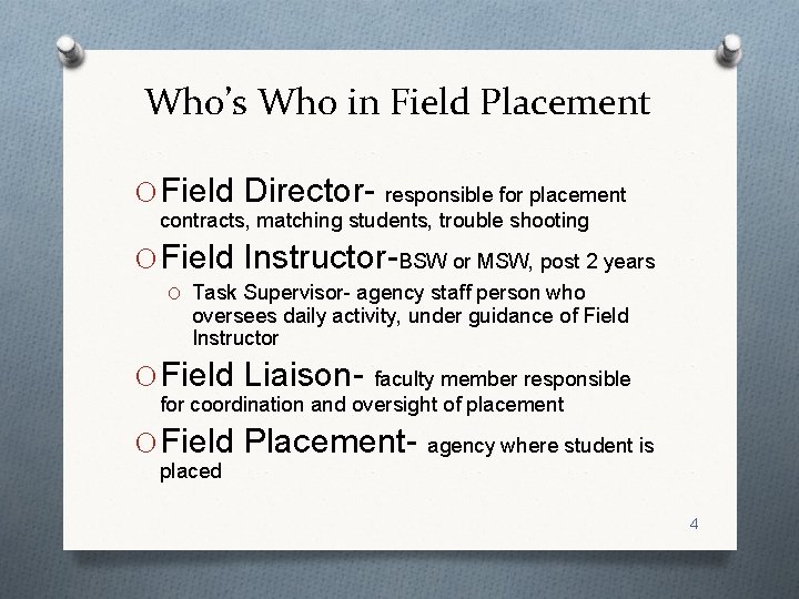 Who’s Who in Field Placement O Field Director- responsible for placement contracts, matching students,