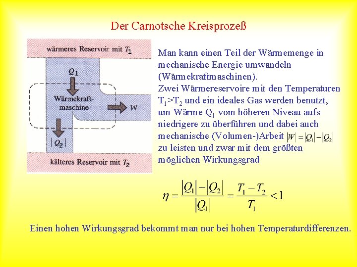 Der Carnotsche Kreisprozeß Man kann einen Teil der Wärmemenge in mechanische Energie umwandeln (Wärmekraftmaschinen).