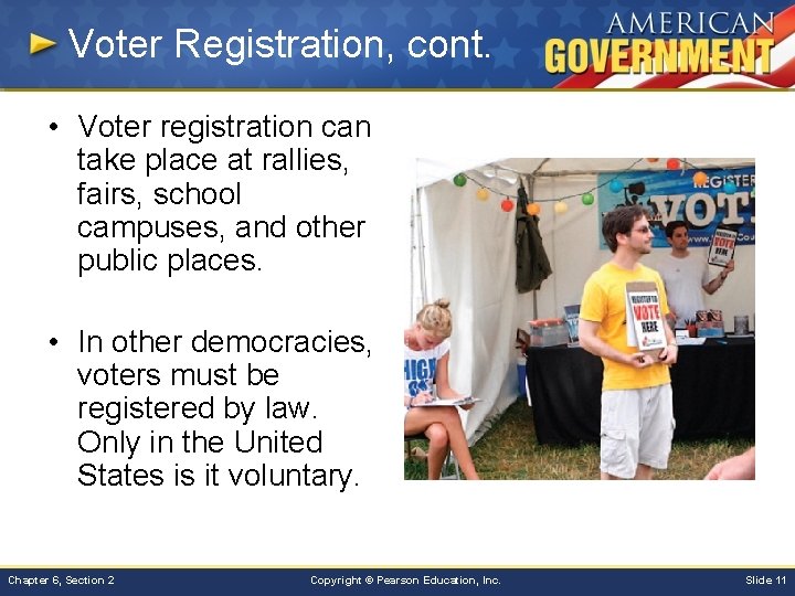 Voter Registration, cont. • Voter registration can take place at rallies, fairs, school campuses,
