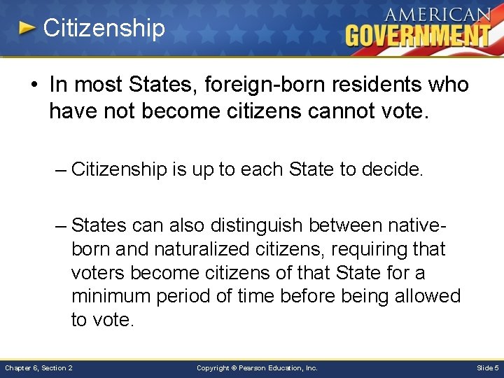 Citizenship • In most States, foreign-born residents who have not become citizens cannot vote.