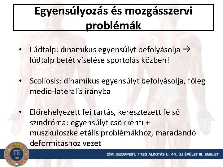 Egyensúlyozás és mozgásszervi problémák • Lúdtalp: dinamikus egyensúlyt befolyásolja lúdtalp betét viselése sportolás közben!