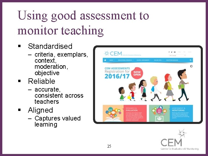 Using good assessment to monitor teaching § Standardised – criteria, exemplars, context, moderation, objective
