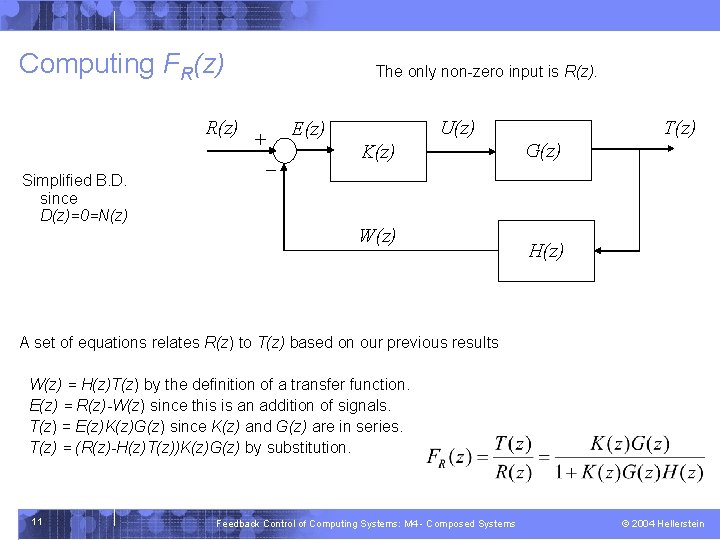 Computing FR(z) Simplified B. D. since D(z)=0=N(z) The only non-zero input is R(z). U(z)