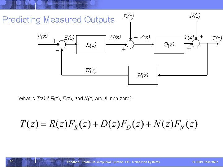 Predicting Measured Outputs R(z) + - K(z) Y(z) + + V(z) U(z) E(z) N(z)