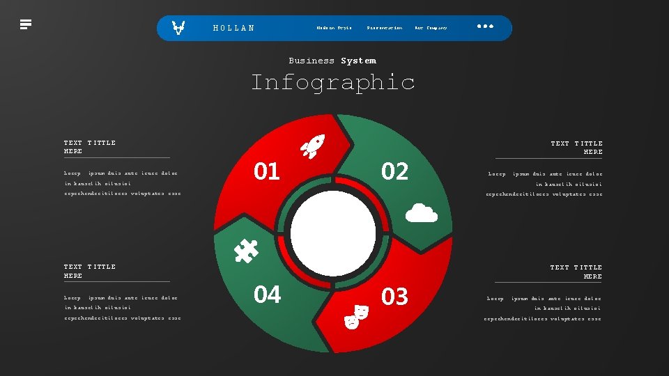 HOLLAN Modern Style Presentation Art Company Business System Infographic TEXT TITTLE HERE Lorep ipsum