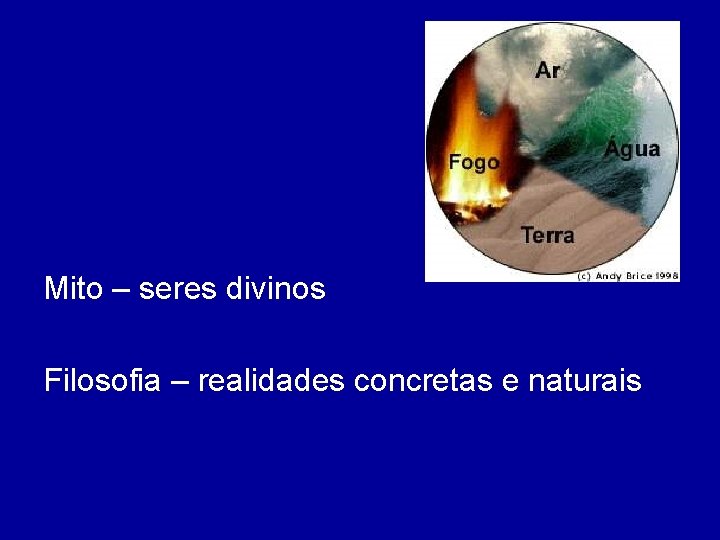 Mito – seres divinos Filosofia – realidades concretas e naturais 