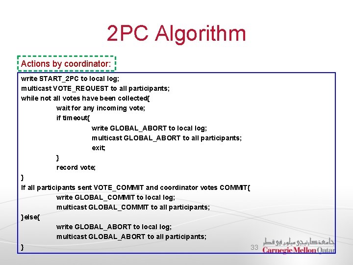 2 PC Algorithm Actions by coordinator: write START_2 PC to local log; multicast VOTE_REQUEST