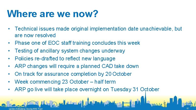 Where are we now? • Technical issues made original implementation date unachievable, but are