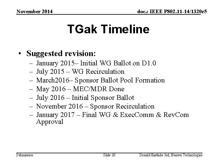 November 2014 doc. : IEEE P 802. 11 -14/1320 r 5 TGak Timeline •