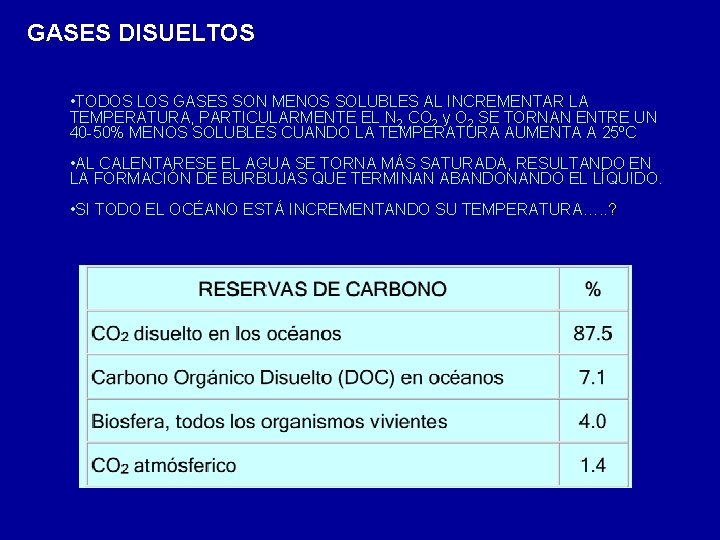 GASES DISUELTOS • TODOS LOS GASES SON MENOS SOLUBLES AL INCREMENTAR LA TEMPERATURA, PARTICULARMENTE