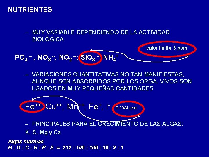 NUTRIENTES – MUY VARIABLE DEPENDIENDO DE LA ACTIVIDAD BIOLÓGICA valor límite 3 ppm PO