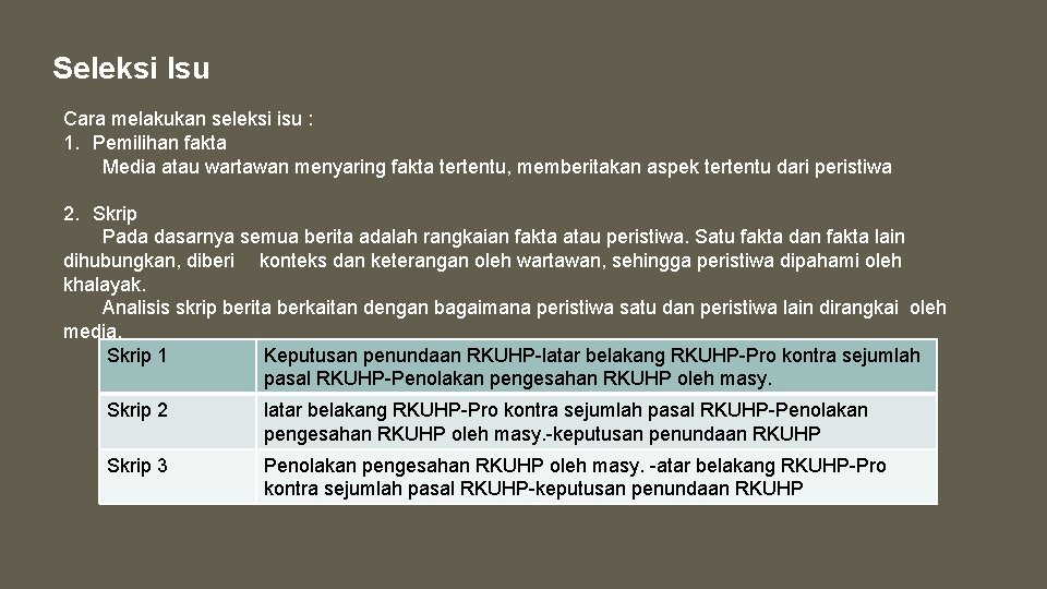 Seleksi Isu Cara melakukan seleksi isu : 1. Pemilihan fakta Media atau wartawan menyaring