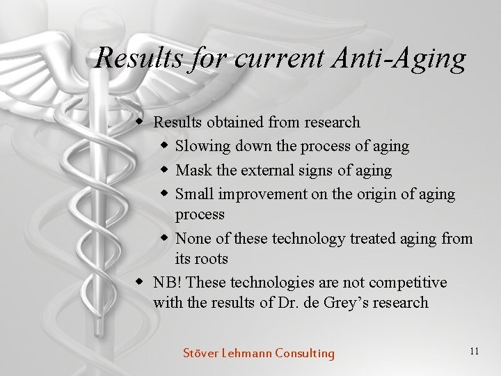 Results for current Anti-Aging w Results obtained from research w Slowing down the process