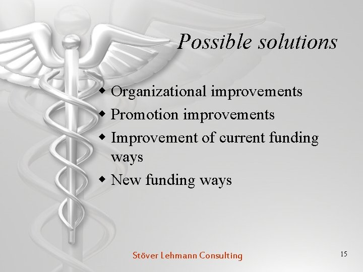 Possible solutions w Organizational improvements w Promotion improvements w Improvement of current funding ways