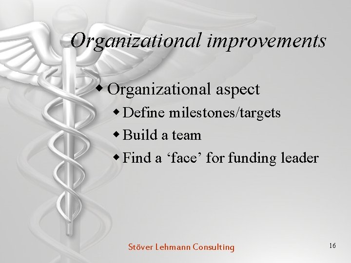 Organizational improvements w Organizational aspect w Define milestones/targets w Build a team w Find
