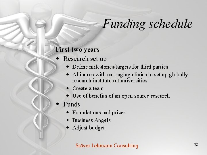 Funding schedule First two years w Research set up w Define milestones/targets for third