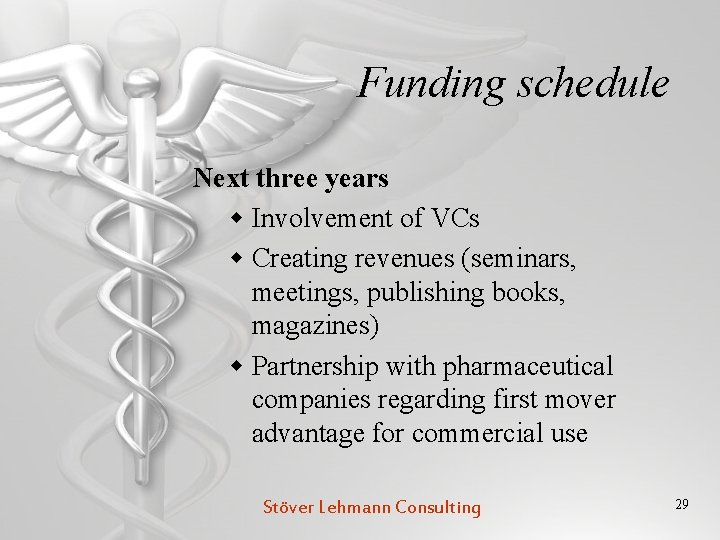 Funding schedule Next three years w Involvement of VCs w Creating revenues (seminars, meetings,