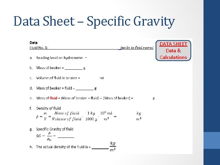 Data Sheet – Specific Gravity DATA SHEET Data & Calculations 
