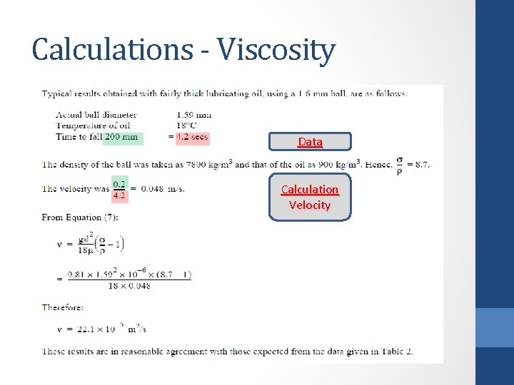 Calculations - Viscosity Data Calculation Velocity 