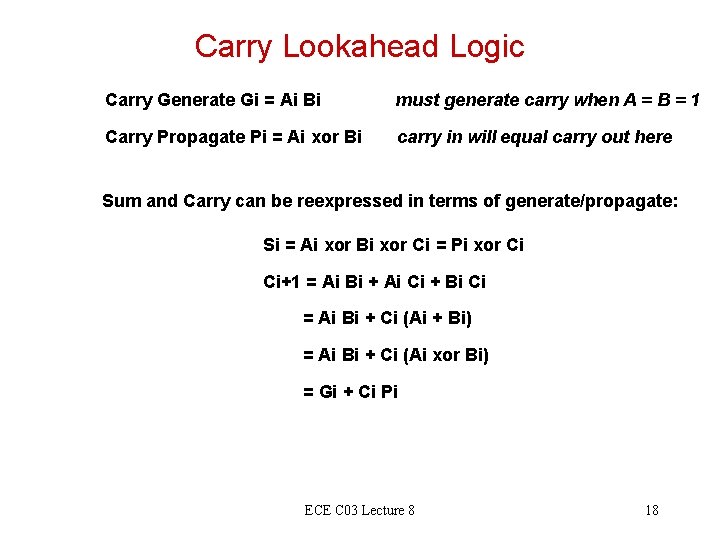 Carry Lookahead Logic Carry Generate Gi = Ai Bi must generate carry when A Carry Lookahead Logic Carry Generate Gi = Ai Bi must generate carry when A