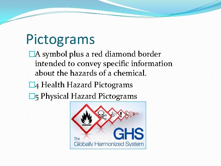 Pictograms �A symbol plus a red diamond border intended to convey specific information about
