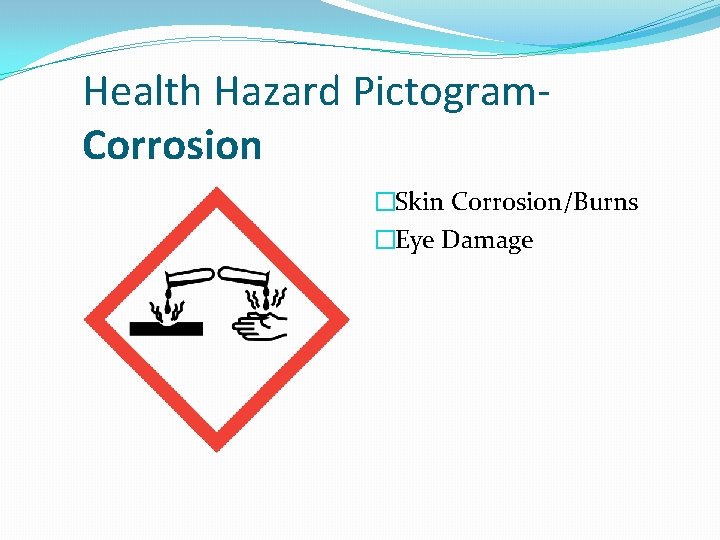 Health Hazard Pictogram. Corrosion �Skin Corrosion/Burns �Eye Damage 