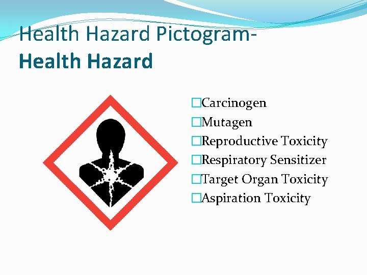 Health Hazard Pictogram. Health Hazard �Carcinogen �Mutagen �Reproductive Toxicity �Respiratory Sensitizer �Target Organ Toxicity