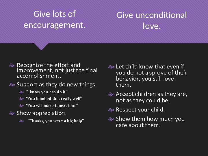 Give lots of encouragement. Recognize the effort and improvement, not just the final accomplishment.