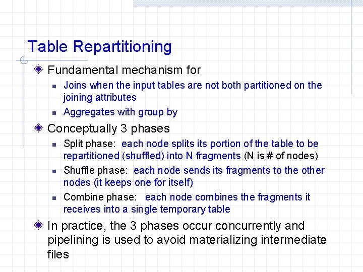 Table Repartitioning Fundamental mechanism for n n Joins when the input tables are not