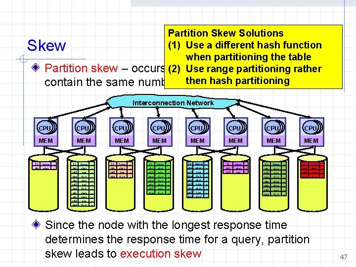 Partition Skew Solutions (1) Use a different hash function when partitioning the table Partition