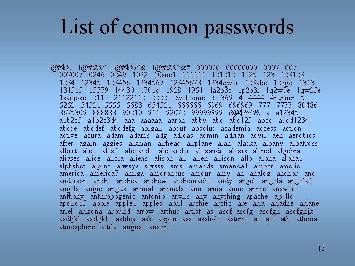 List of common passwords !@#$%^&* 00000000 0007 007007 0246 0249 1022 10 sne 1