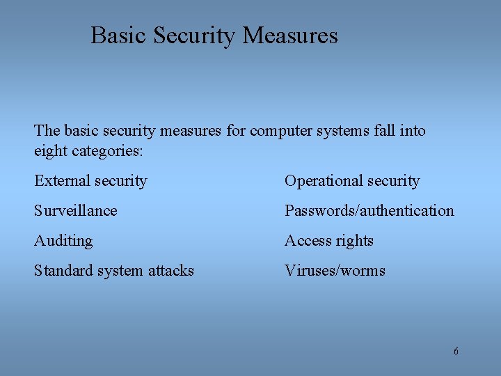 Basic Security Measures The basic security measures for computer systems fall into eight categories:
