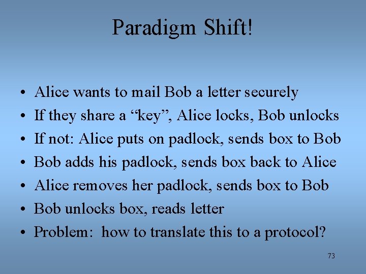 Paradigm Shift! • • Alice wants to mail Bob a letter securely If they