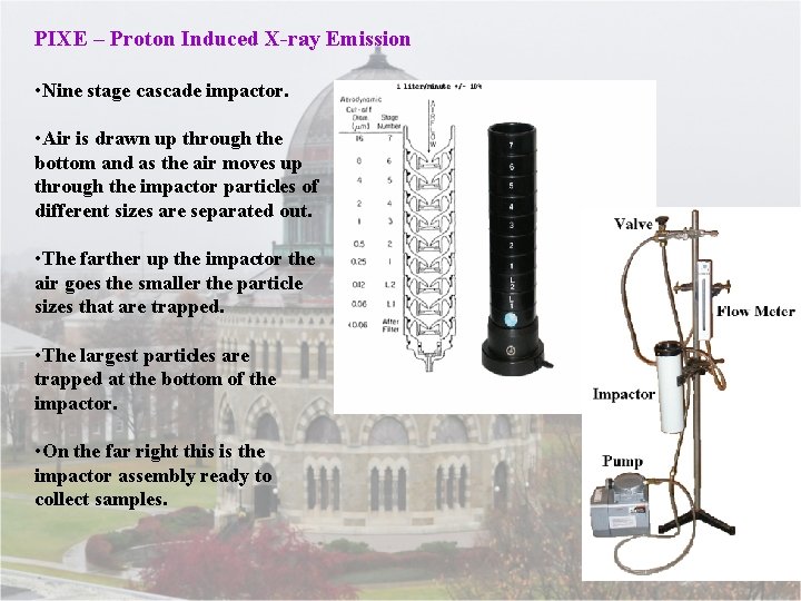 PIXE – Proton Induced X-ray Emission • Nine stage cascade impactor. • Air is
